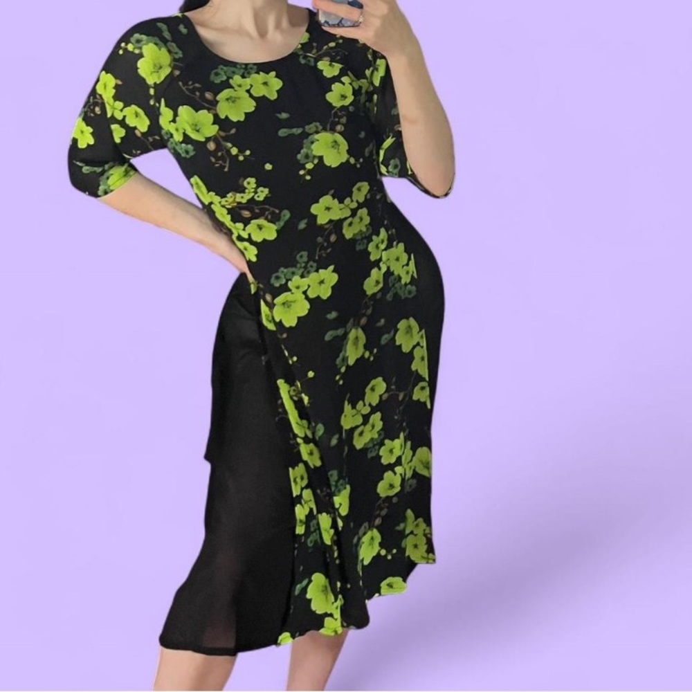 🦋 Vintage Green Floral Mesh See Through Side Detail Fitted Dress 🦋